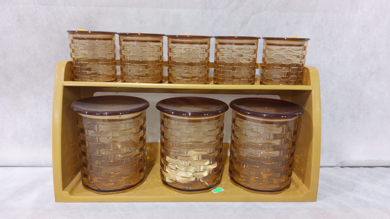 9-Piece Brown Plastic Kitchen Storage Container Set with Rack – Airtight Food Jars Organizer