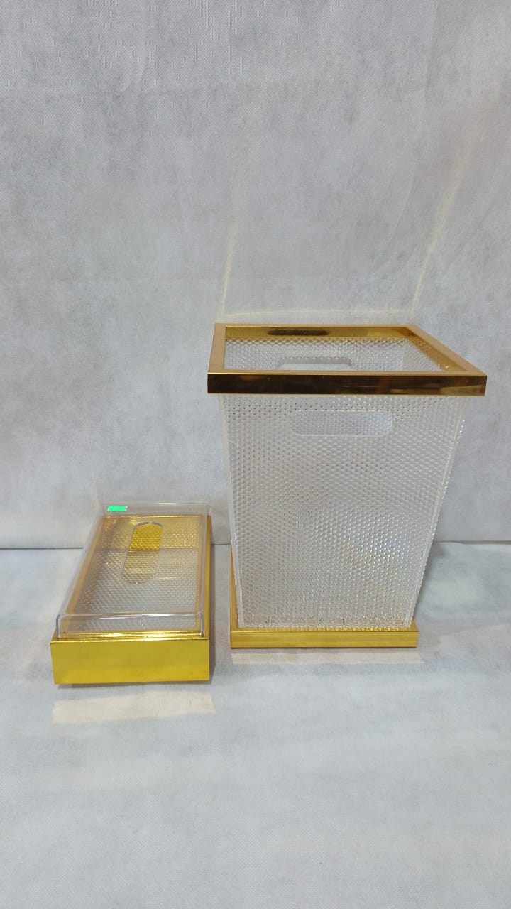 Luxury 2-Piece Gold and Clear Plastic Organizer Set – Tissue Box and Waste Bin
