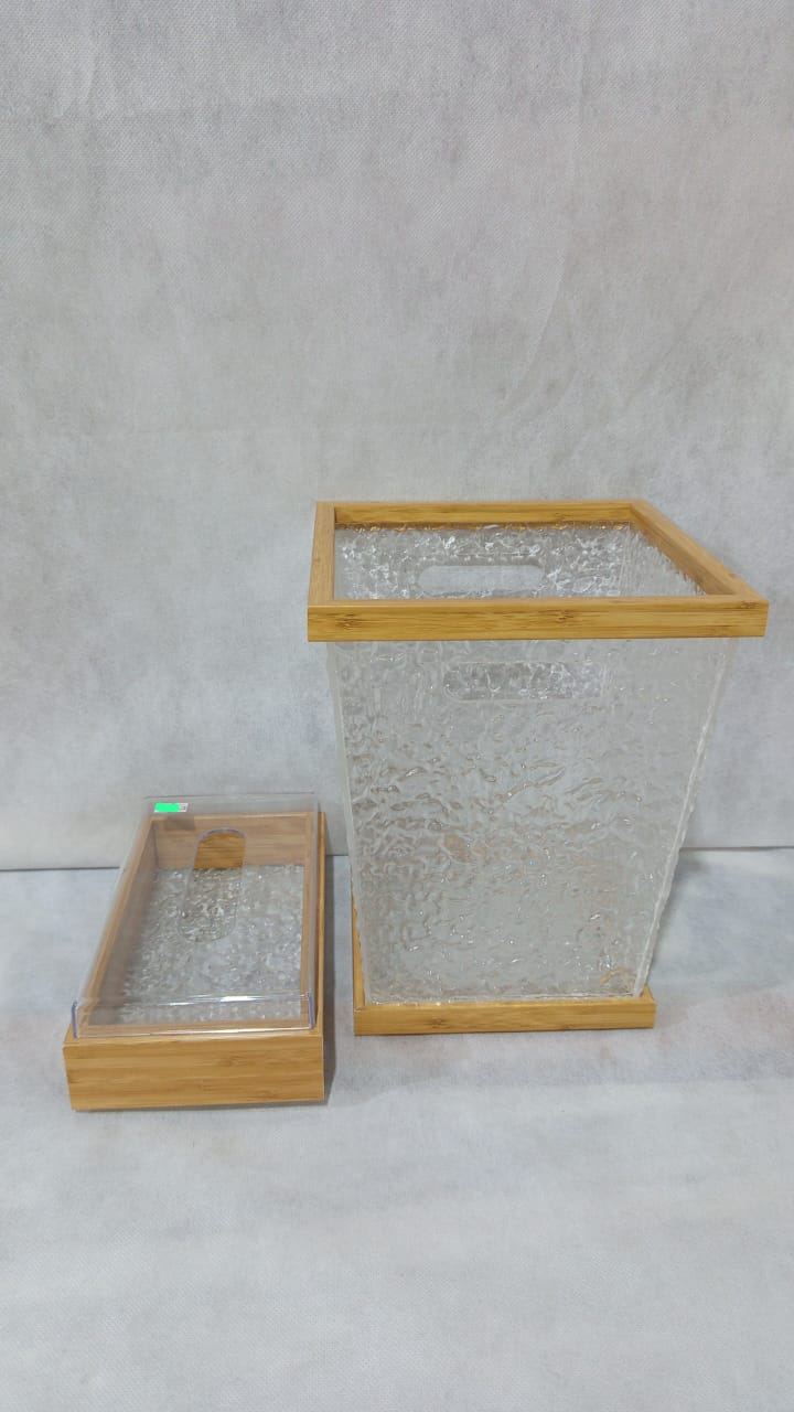 Textured Plastic Waste Bin & Tissue Box Set with Wood-Look Finish (2-Piece)