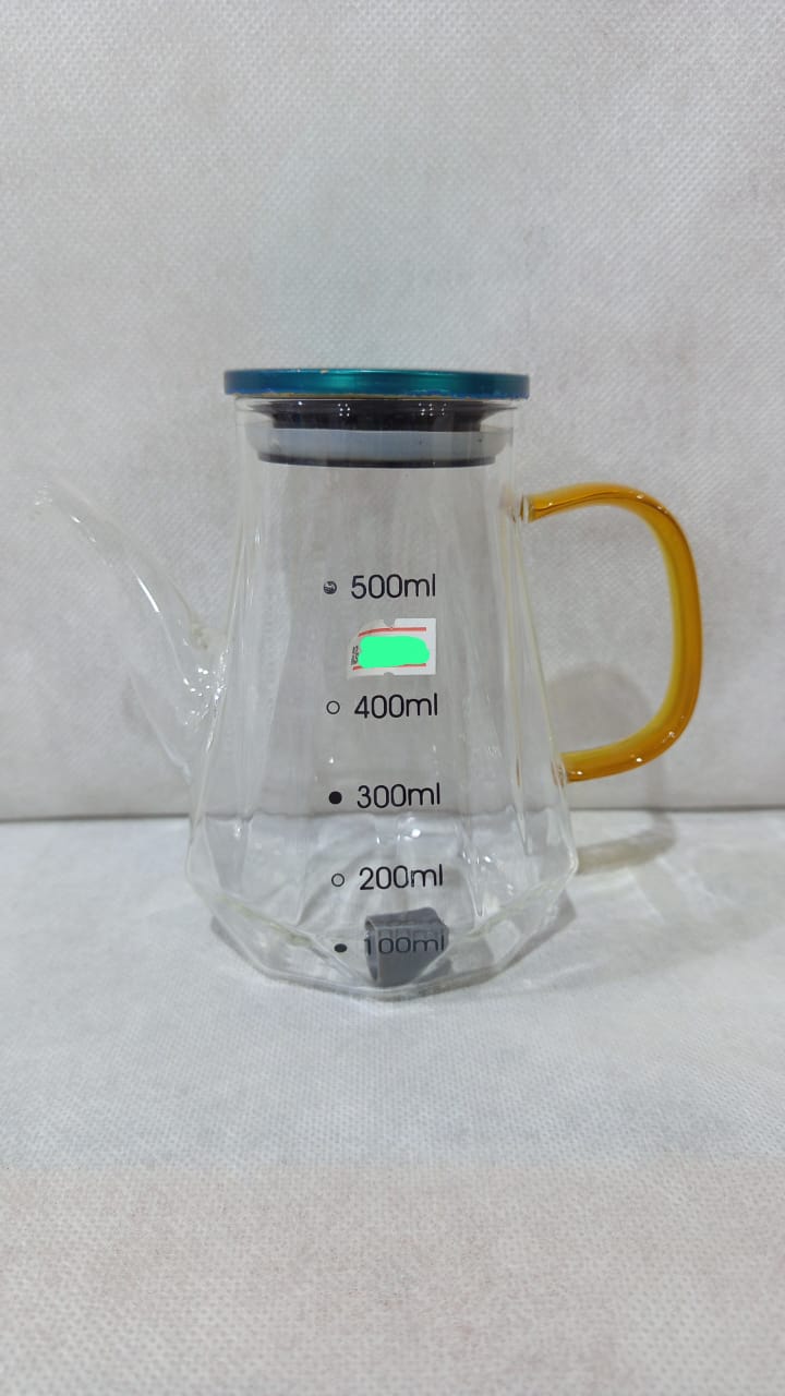 500ml Glass Oil & Liquid Measuring Pot with Yellow Handle and Blue Lid