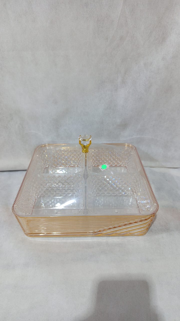 4-Section Square Plastic Serving Bowl with Lid – Elegant Snack & Dry Fruit Storage Tray
